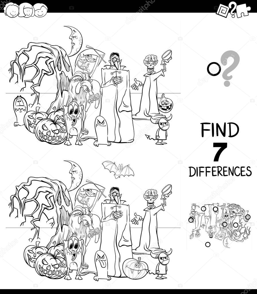 Black and White Cartoon Illustration of Finding Seven Differences Between Pictures Educational Game for Children with Halloween Characters Coloring Book