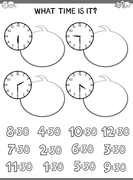 Black White Cartoon Illustrations Telling Time Educational Game Clock Face — Stock Vector