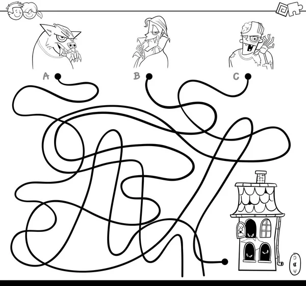 塗り絵ハロウィン文字とライン迷路パズル ゲームの白黒漫画イラスト — ストックベクタ