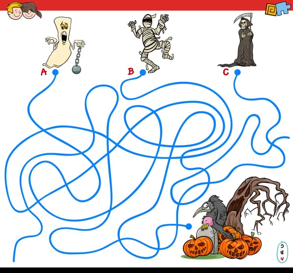 Illustration Dessins Animés Lignes Jeu Puzzle Labyrinthe Avec Halloween Personnages — Image vectorielle