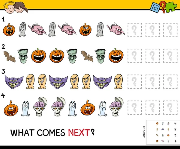 Kreslený Obrázek Dokončení Vzoru Vzdělávací Hra Pro Děti Halloween Znaky — Stockový vektor