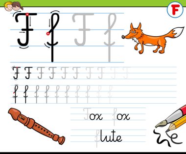 Karikatür çizim becerileri uygulama F harfi ile okul öncesi ve ilköğretim çağındaki çocuklar için yazma