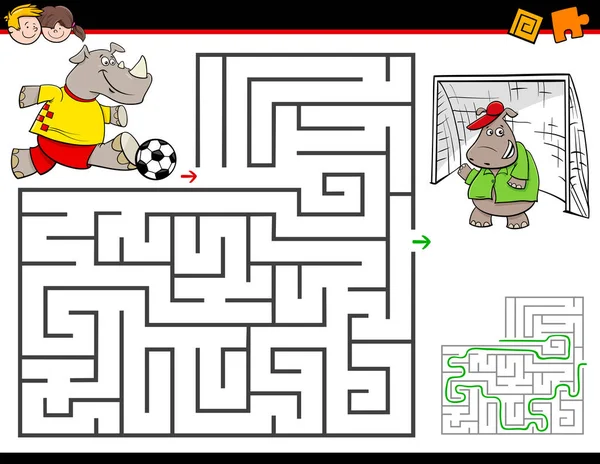 Inggris Cartoon Illustration Education Maze Labyrinth Activity Game Children Rhino - Stok Vektor