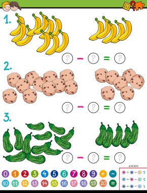 Gıda nesneleri olan çocuklar için eğitim matematik çıkarma Puzzle oyunu çizgi film gösterimi