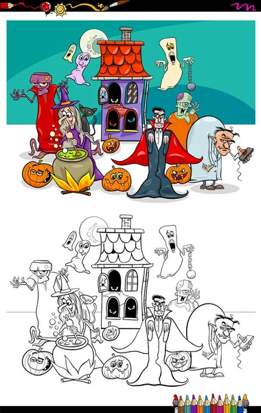 Spooky Halloween Karakterler Grup Kitap Çalışma Sayfası Boyama Karikatür Çizimi — Stok Vektör