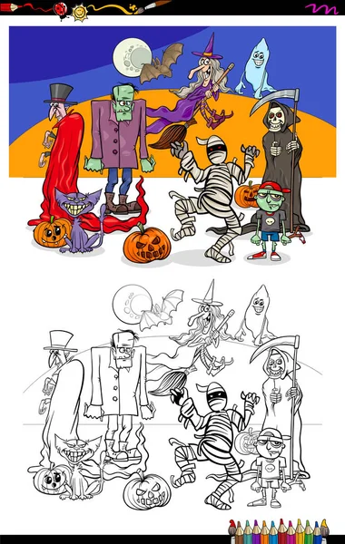 Zeichentrick Illustration Von Gruseligen Halloween Figuren Gruppe Malbuch Arbeitsblatt — Stockvektor
