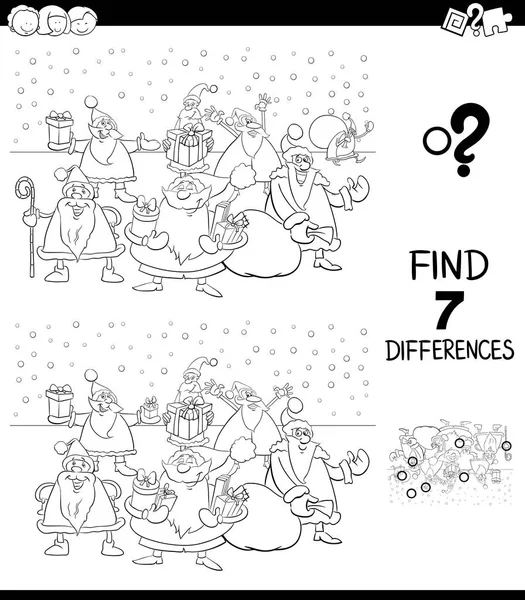 黒と白の漫画イラスト塗り絵サンタ クロース クリスマス文字の子どもたち教育ゲームの画像間の つの違いを見つける — ストックベクタ