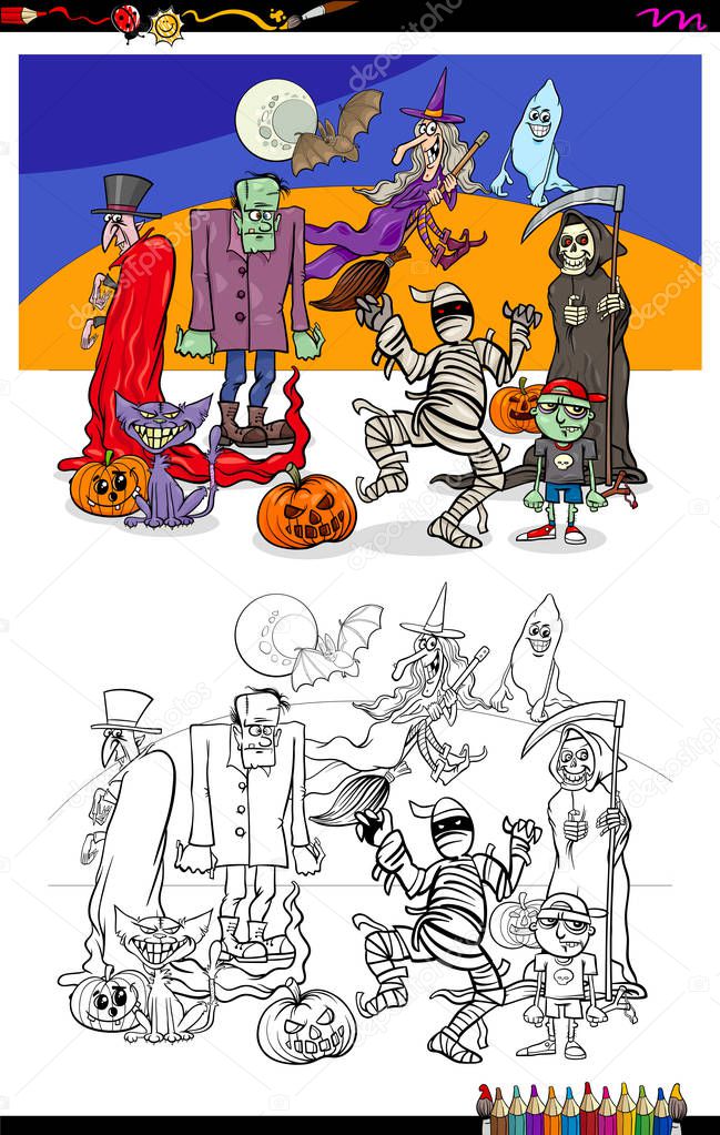 Cartoon Illustration of Scary Halloween Characters Group Coloring Book Worksheet