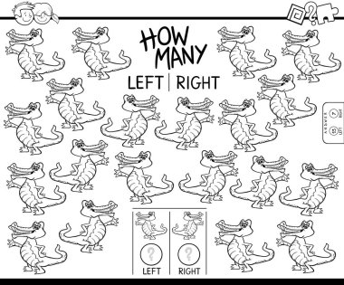 Komik timsah karakter boyama kitabı olan çocuklar için resimleri siyah beyaz çizgi film gösterimi sol ve sağ sayma eğitici bir oyun odaklı