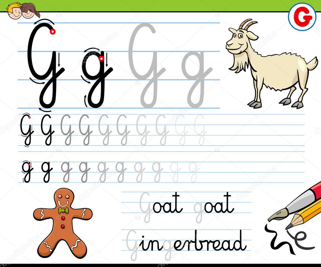 Cartoon Illustration of Writing Skills Practice with Letter G for Preschool and Elementary Age Children