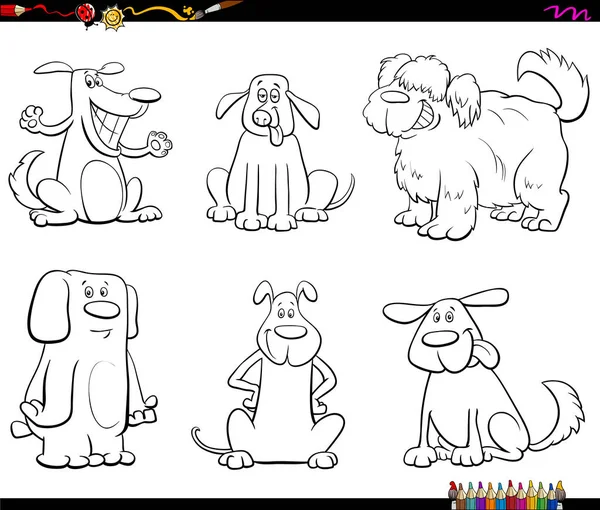 Black White Cartoon Illustration Comic Dogs Puppies Animal Characters Set — Stock Vector