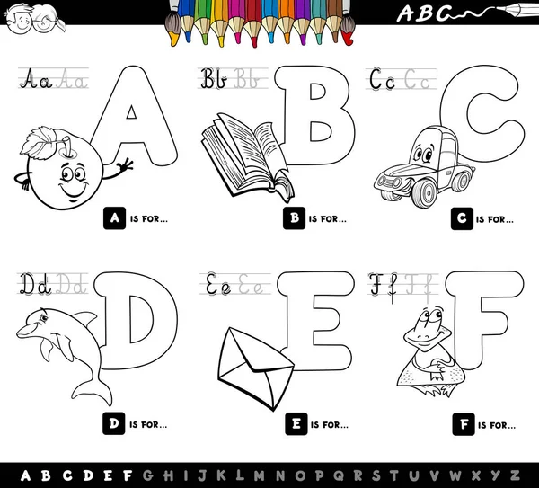 Black White Cartoon Illustration Capital Letters Alphabet Educational Set Reading — Stock Vector