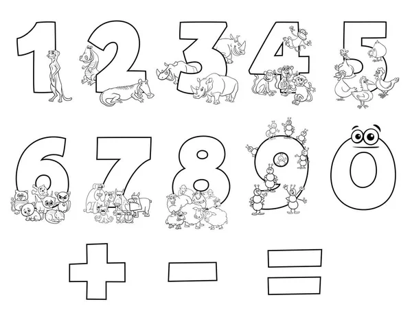 Schwarz Weiße Zeichentrickillustration Von Zahlen Von Null Bis Neun Mit — Stockvektor