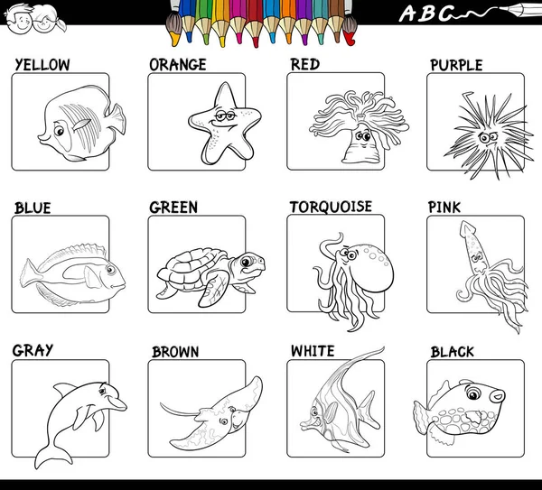 Black White Cartoon Illustration Basic Colors Sea Life Animal Characters — Stock Vector