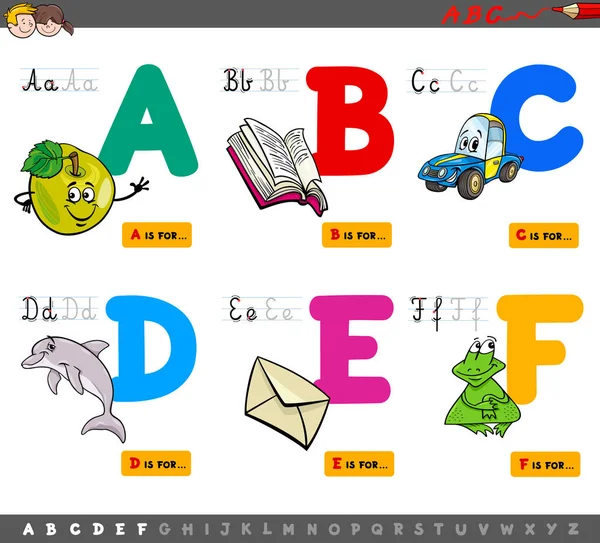 大文字アルファベット教育の漫画イラストは読み取りと書き込みが までの子供のための練習の設定 — ストックベクタ