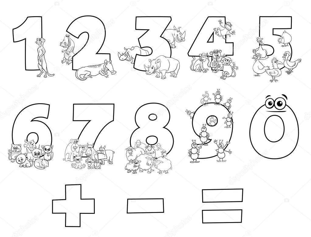 Black and White Cartoon Illustration of Numbers Set from Zero to Nine with Comic Animal Characters Coloring Book