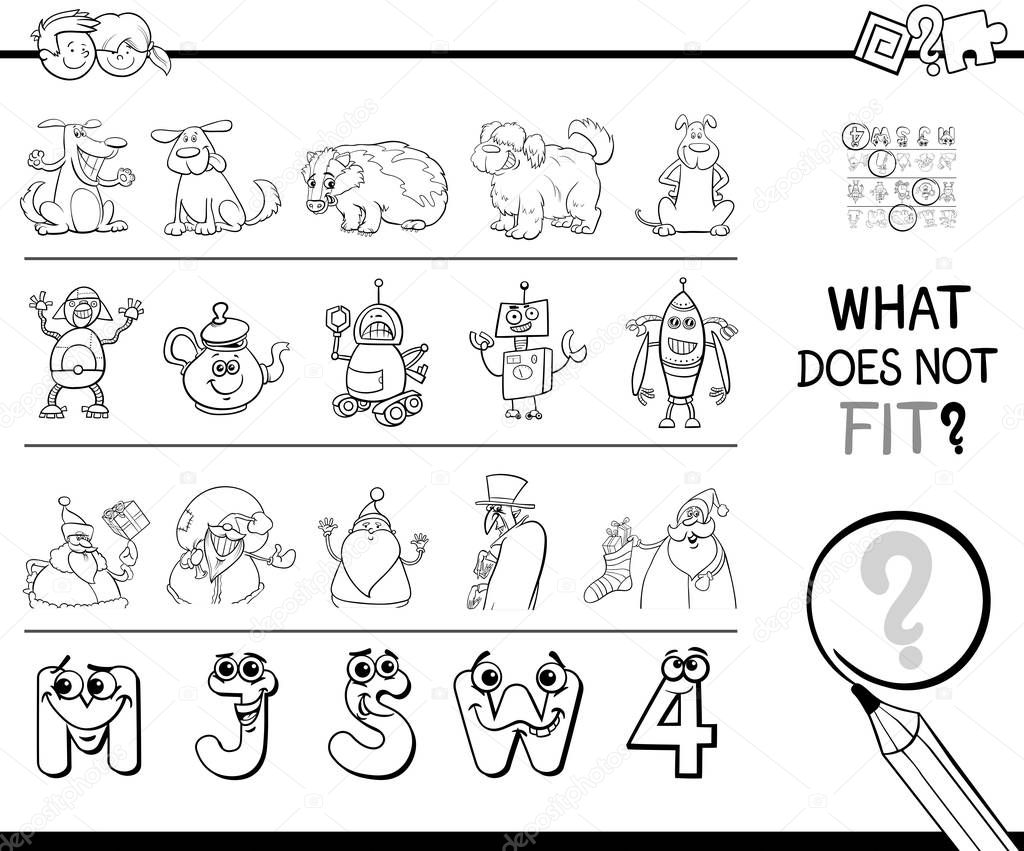 Black and White Cartoon Illustration of Finding Picture that does not Fit in a Row Educational Game with Comic Characters Color Book