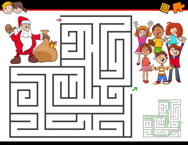 Eğitim Labirent Veya Labyrinth Etkinlik Oyunu Noel Baba Ile Çocuklar — Stok Vektör