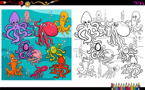 Karikatür Çizimi Ahtapot Deniz Hayat Hayvan Karakter Boyama Kitabı Çalışma — Stok Vektör
