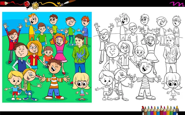 Ilustración Dibujos Animados Niños Personajes Grupo Libro Para Colorear Hoja — Vector de stock