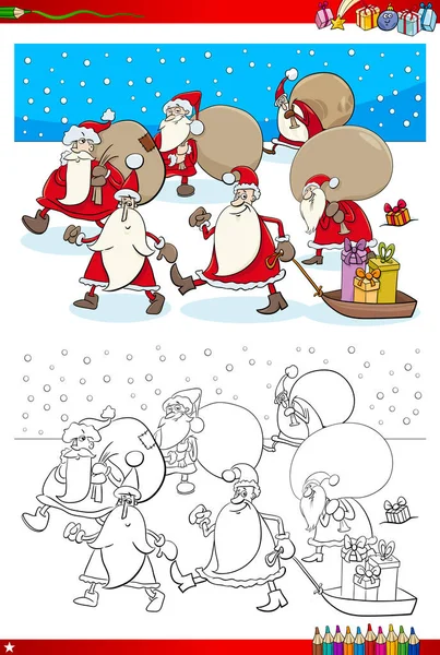 Coloring Book Cartoon Illustration Santa Claus Christmas Characters Group — Stock Vector