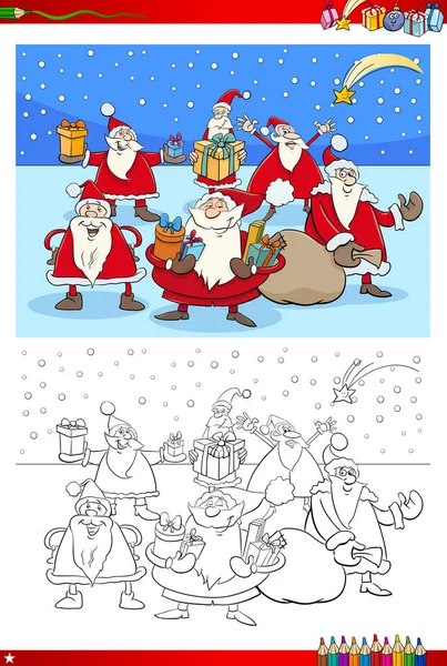 Malbuch Cartoon Illustration Von Weihnachtsmann Weihnachtsgruppe — Stockvektor