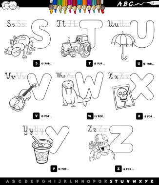 Büyük harf alfabe eğitim siyah beyaz çizgi film gösterimi için okuma ve yazma öğrenme çocuklar için S Z renkli kitap için ayarla