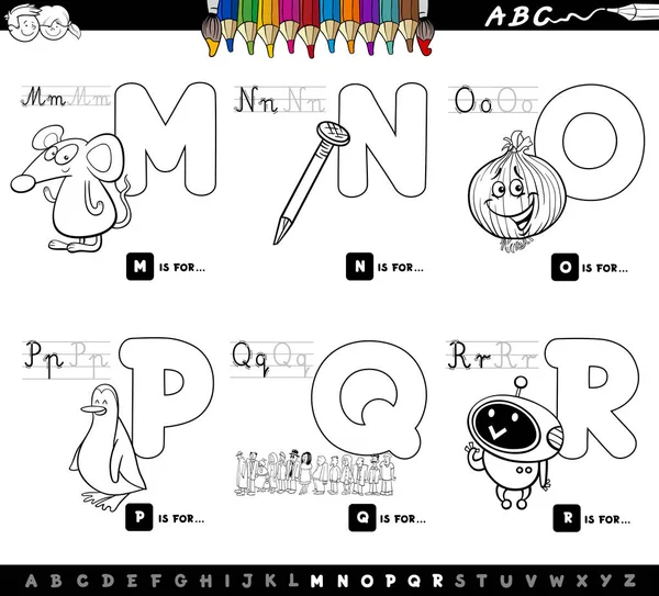 Black White Cartoon Illustration Capital Letters Alphabet Educational Set Reading - Stok Vektor