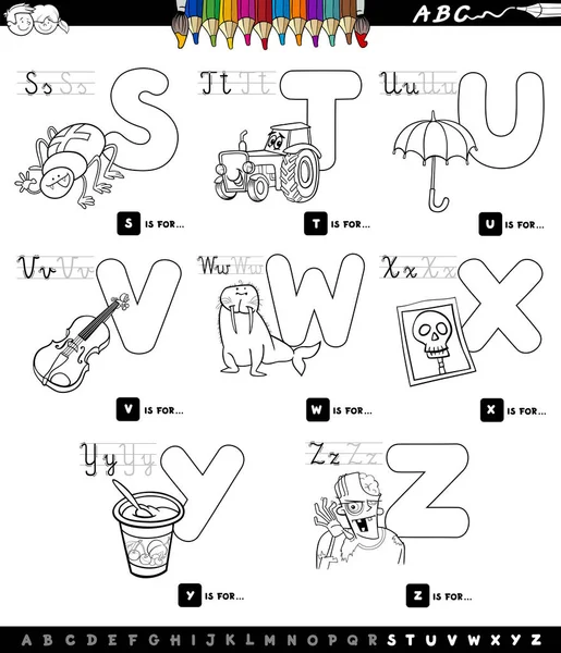 Schwarz Weiß Cartoon Illustration Von Großbuchstaben Alphabet Lernset Für Das — Stockvektor