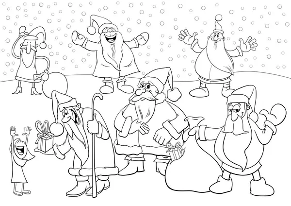 Black White Cartoon Illustration Funny Santa Claus Christmas Characters Group — Stock Vector