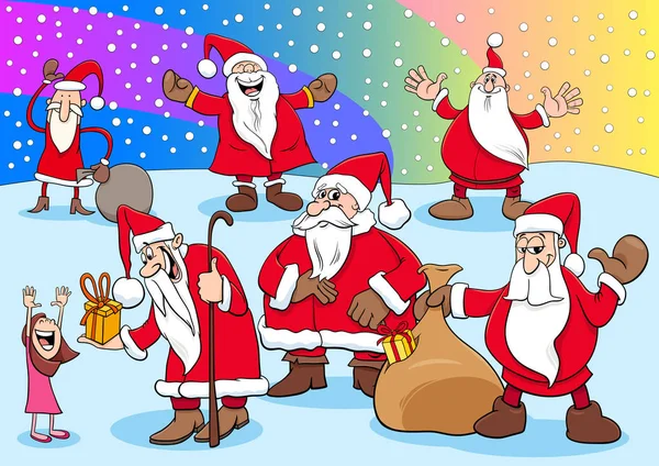 面白いサンタ クロース クリスマス文字グループの漫画イラスト — ストックベクタ