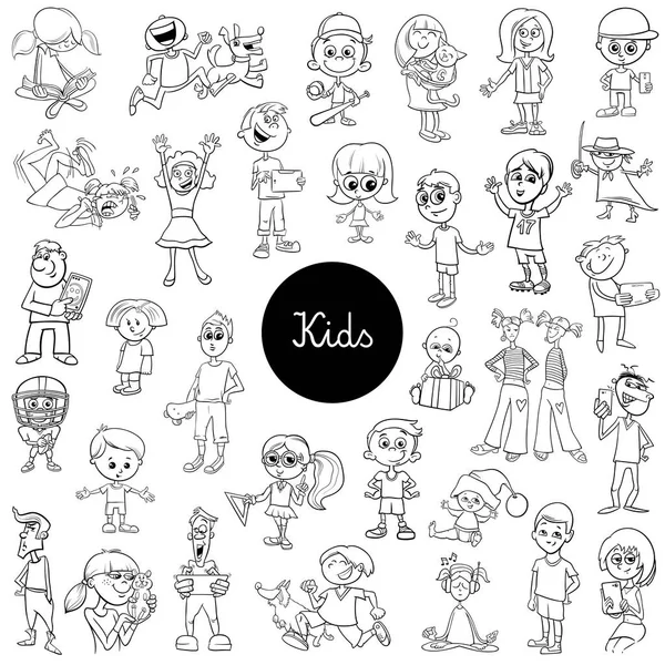 Ilustración Dibujos Animados Blanco Negro Personajes Grandes Niños Adolescentes — Vector de stock