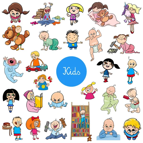 Ilustración Dibujos Animados Niños Bebés Personajes Conjunto Grande — Vector de stock