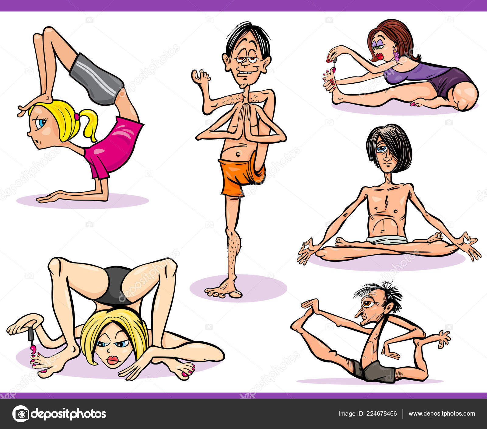 Cartoon Humor Illustration People Practicing Yoga Positions Asanas