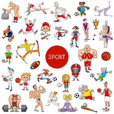 İnsanlar karakterler ve spor disiplinleri büyük Set karikatür çizimi