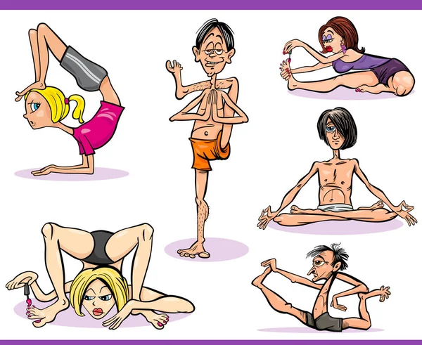 Humor Dos Desenhos Animados Ilustração Pessoas Praticando Posições Yoga Asanas —  Vetores de Stock