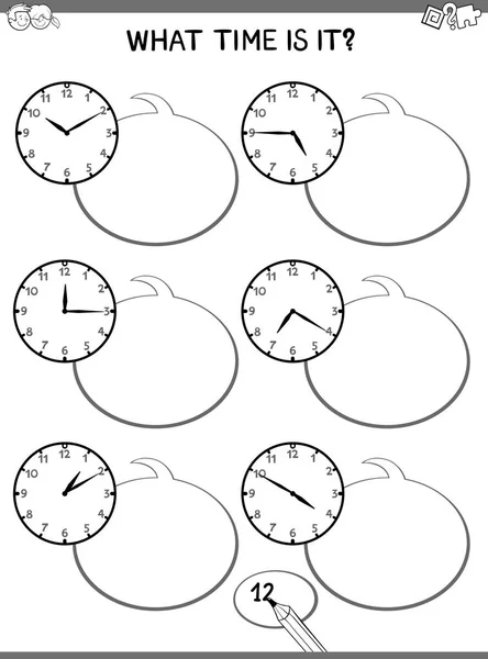 Black White Cartoon Illustrations Telling Time Educational Game Clock Face — Stock Vector