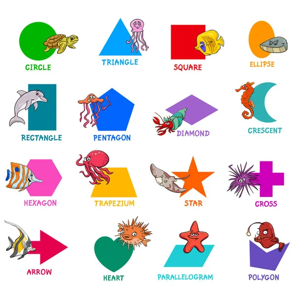 Educational Cartoon Illustration Basic Geometric Shapes Captions Sea Life Animal — Stock Vector