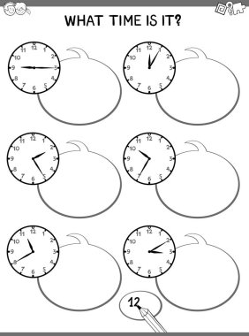 Siyah ve beyaz çizgi film çizimler saat eğitim görevi saat yüzü ile çocuklar için söylemek