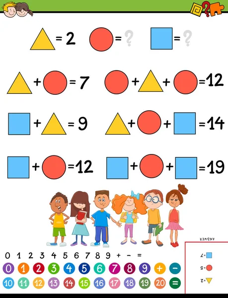 Illustration Dessin Animé Calcul Mathématique Éducatif Avec Jeu Puzzle Inconnu — Image vectorielle