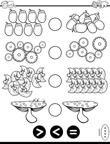 Black White Cartoon Illustration Educational Mathematical Puzzle Game Greater Less - Stok Vektor