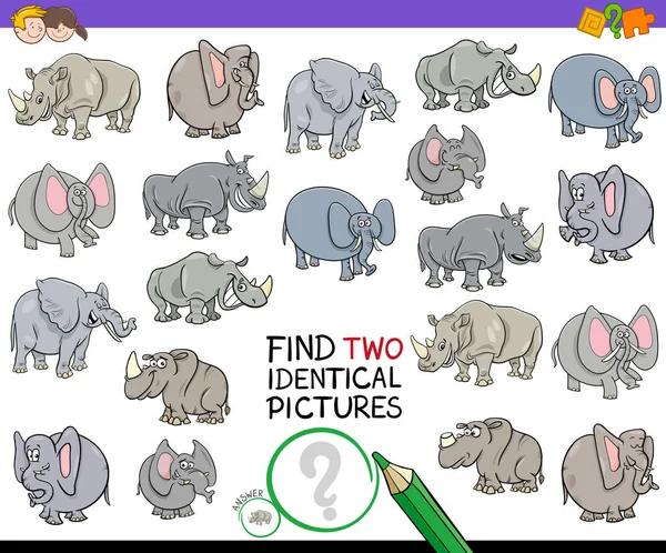 为有大象和犀牛角色的孩子们寻找两个相同的图片教育游戏的卡通插图 — 图库矢量图片