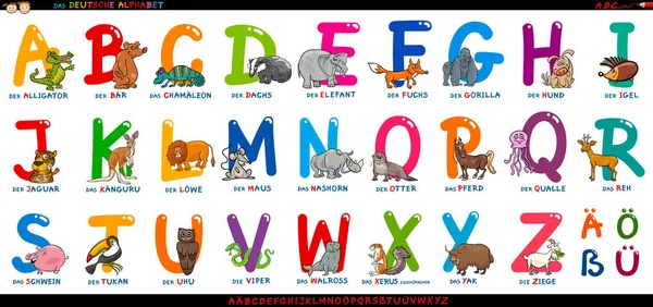 Cartoon Afbeelding Van Educatieve Kleurrijke Duits Deutsch Alfabet Set Met — Stockvector