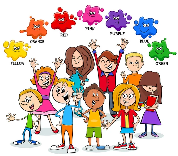 Мультфильм Иллюстрация Основных Цветов Образовательная Страница Детей Счастливыми Детьми — стоковый вектор