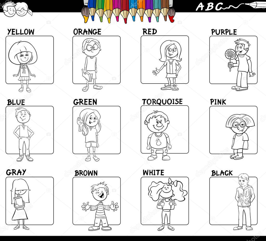 Black and White Cartoon Illustration of Basic Colors with Kid Characters Educational Set for Children Color Book