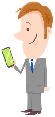 Mutlu bir adam ya da akıllı telefon ile işadamı karakter karikatür çizimi