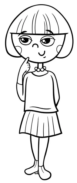 Zwart Wit Cartoon Afbeelding Van Elementaire Tiener Leeftijd Meisje Teken — Stockvector