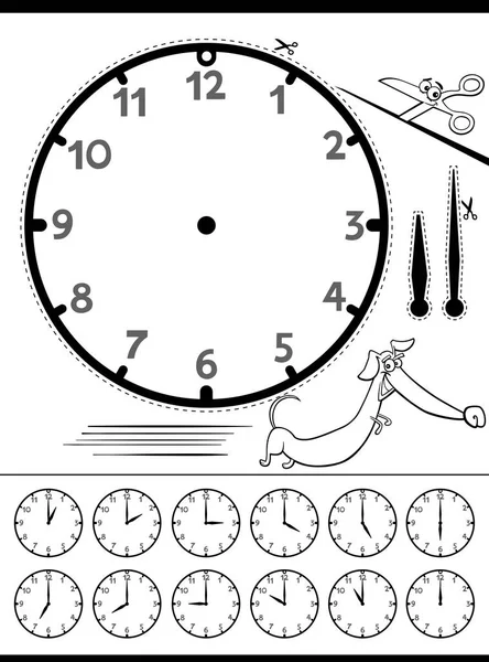 Black White Cartoon Illustrations Clock Face Telling Time Educational Page — Stock Vector