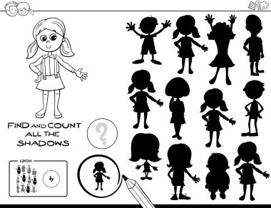 Siyah ve beyaz çizgi film illüstrasyon bulma ve gölgeler eğitim oyun çocuklar için boyama kitabı sayma