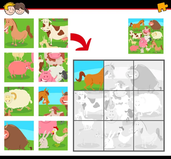 Καρτούν Εικονογράφηση Εκπαιδευτικά Παζλ Παιχνίδι Δραστηριότητα Για Παιδιά Φάρμα Ζώων — Διανυσματικό Αρχείο